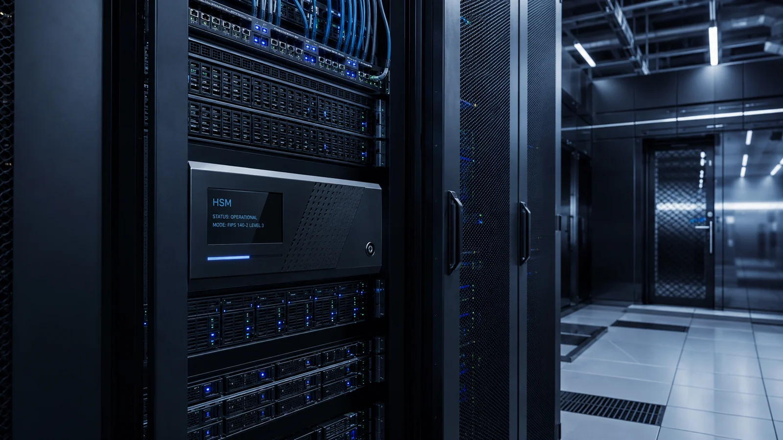 A hardware security module mounted in a rack inside a secure data centre.