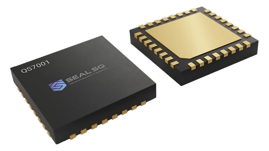 The SEALSQ QS7001 Quantum Shield secure element, shown from both faces: a 32-pin QFN package marked QS7001, and its gold die-attach pad.